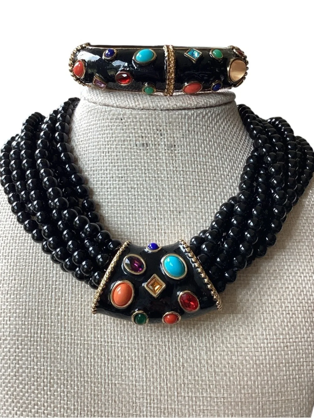 Vintage KJL Black Glass Beaded Enamel Necklace - Picture 1 of 4